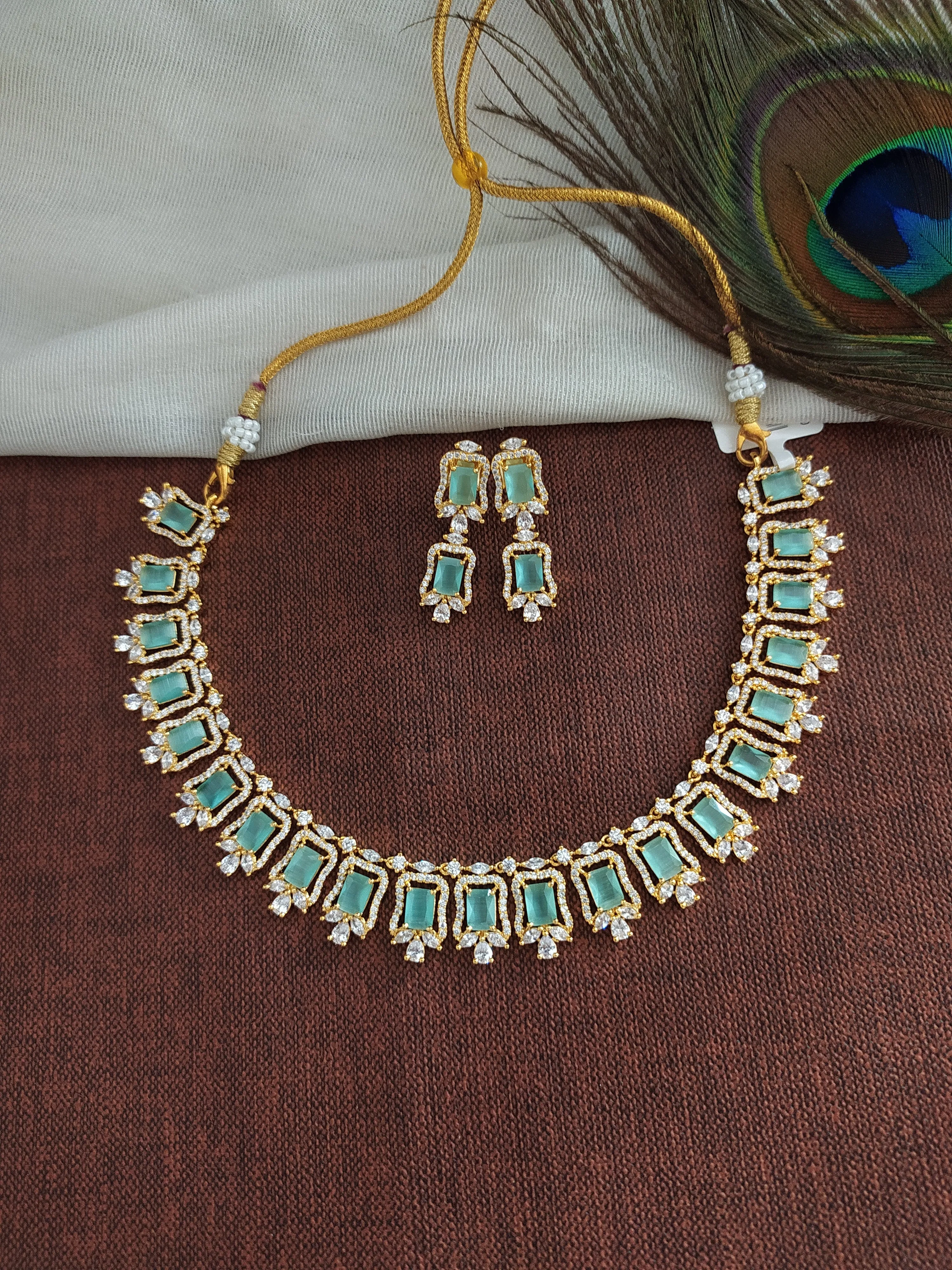 Gold-plated Zircon  Necklace Set - Mint & Baby Pink Color