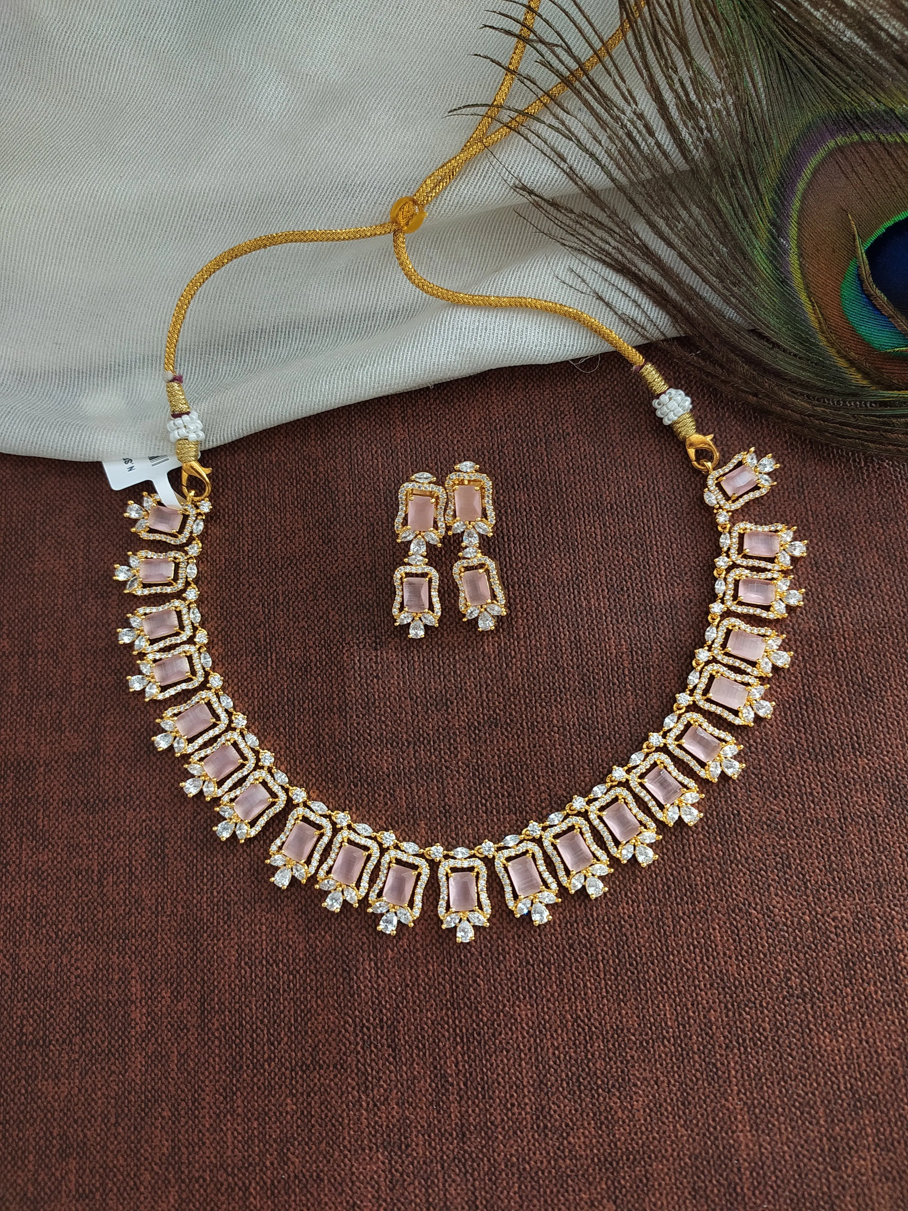 Gold-plated Zircon  Necklace Set - Mint & Baby Pink Color