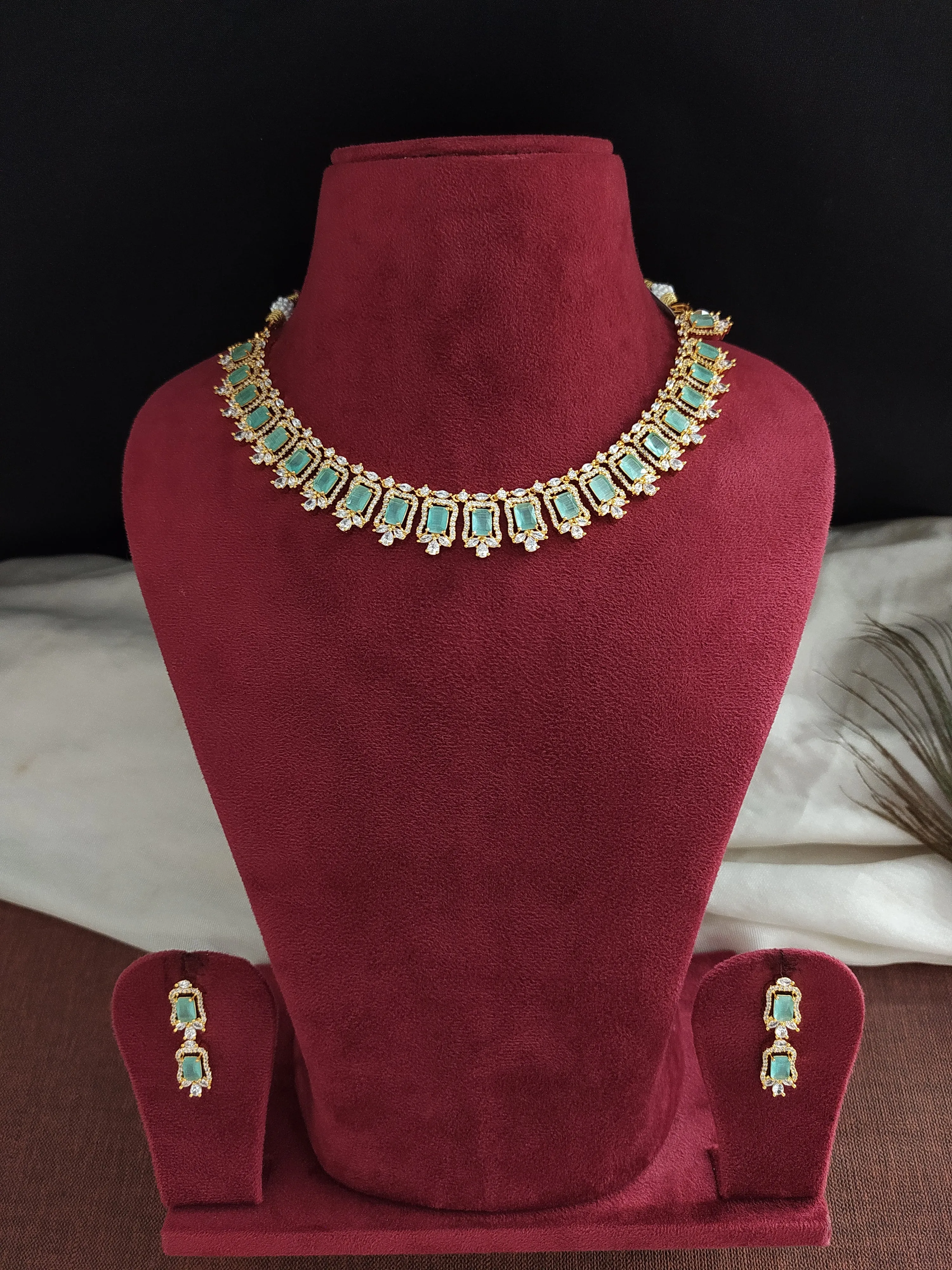 Gold-plated Zircon  Necklace Set - Mint & Baby Pink Color