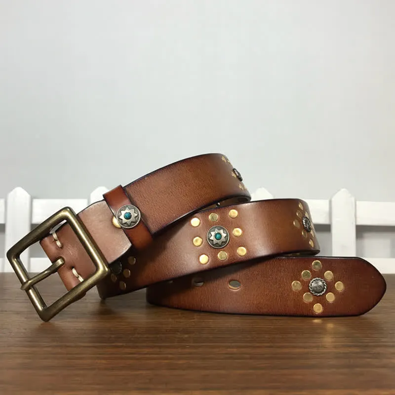 Gold Rivets Studs Vintage Indian Style Leather Belt