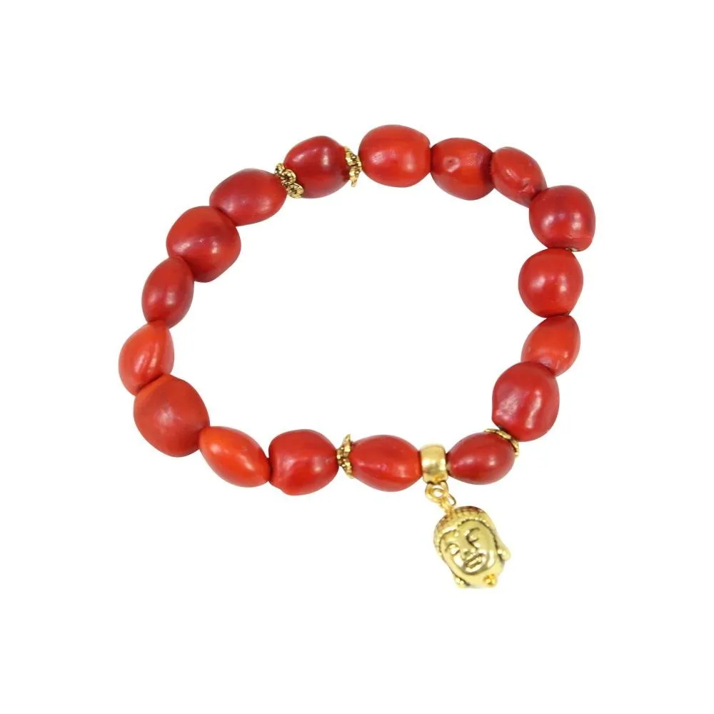 Gold Tone Elephant Charm Stretchy Bracelet w/Meaningful Good Luck Huayruro Seeds