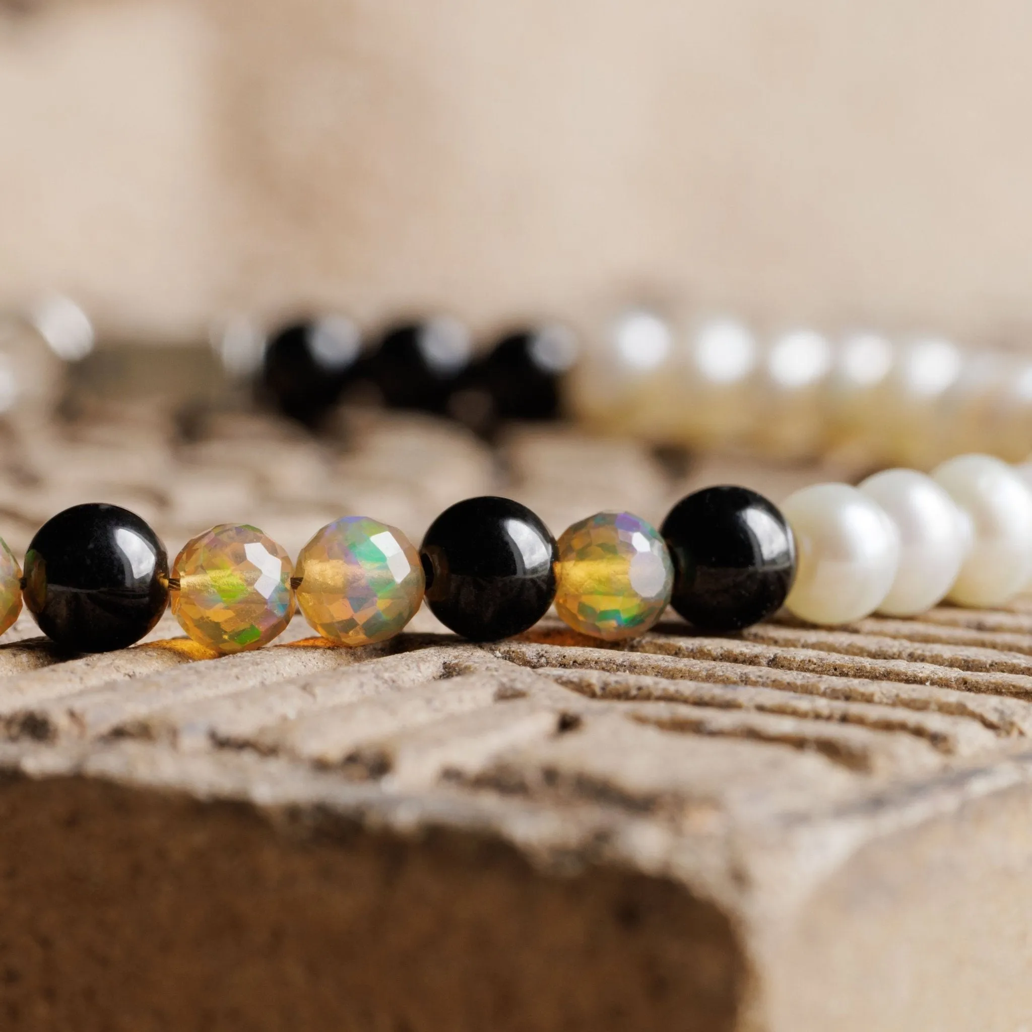 Golden Ethiopian Opal-White Pearl-Black Tourmaline Bracelet I (3.5-4.5mm)