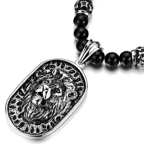 Gothic Style Mens Black Onyx Beads Necklace with Stainless Steel Lion Head Shield Pendant