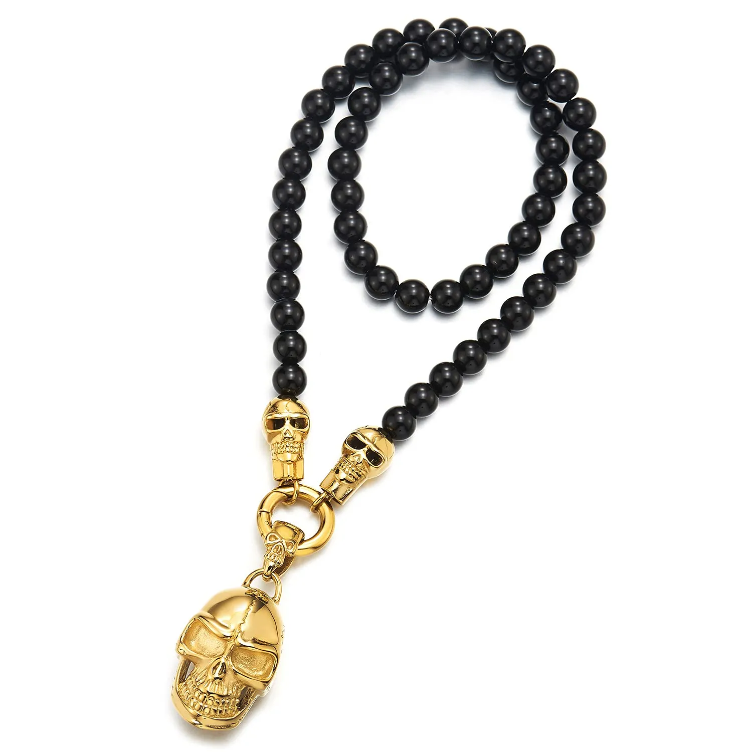 Gothic Style, Mens Women Black Onyx Beads Chain Necklace and Stainless Steel Vintage Skulls Pendant