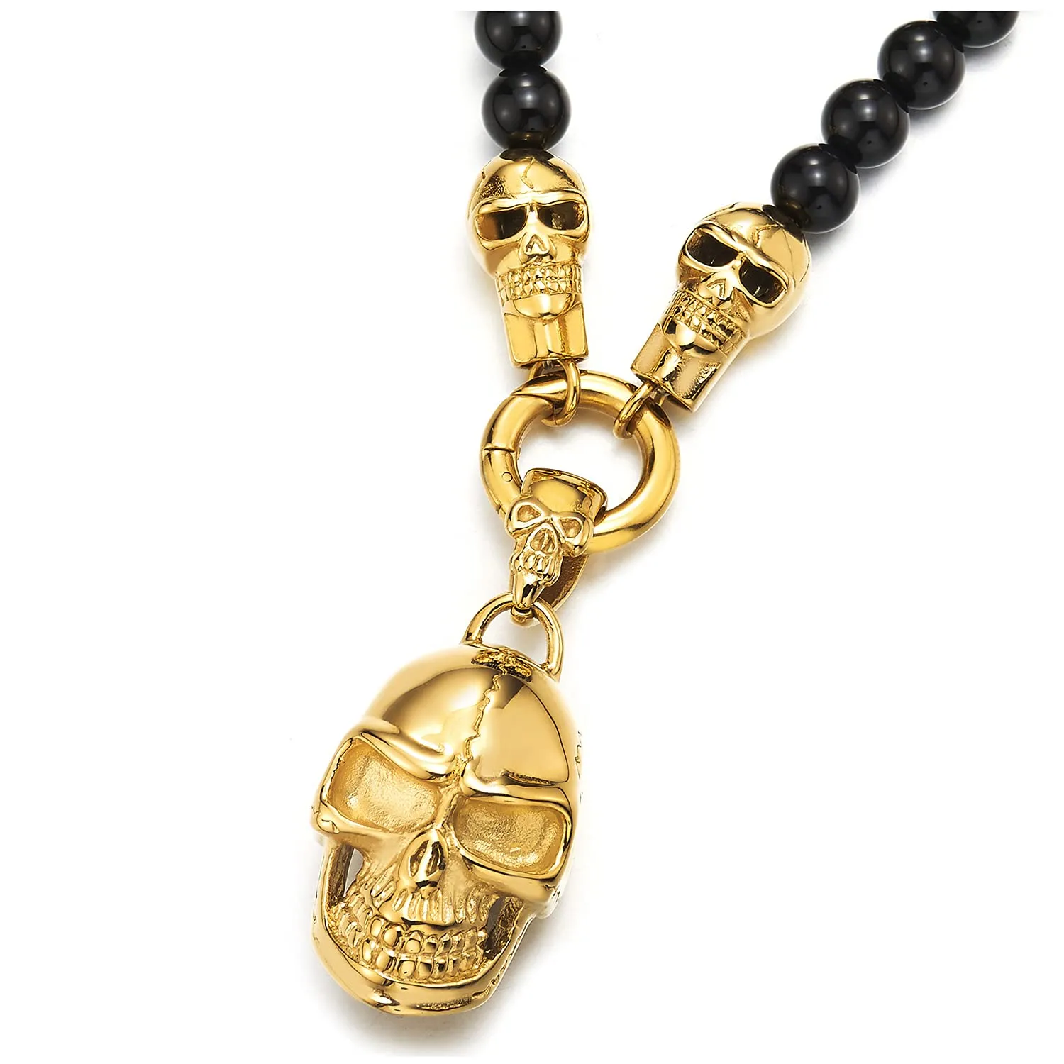 Gothic Style, Mens Women Black Onyx Beads Chain Necklace and Stainless Steel Vintage Skulls Pendant