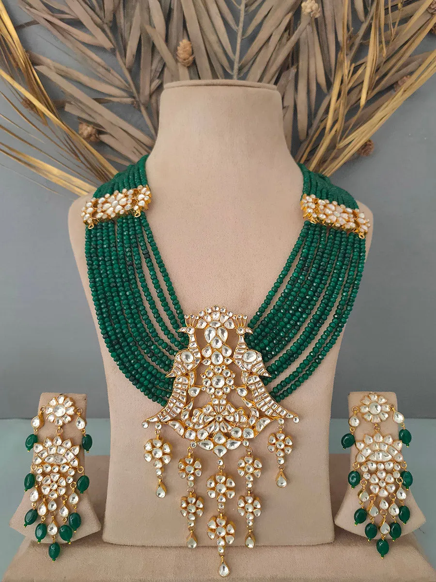 Green Color Gold Plated Jadau Kundan Bridal Necklace Set - MS1194Y