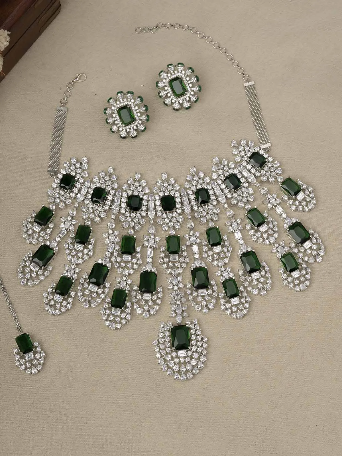 Green Color Silver Plated Faux Diamond Bridal Necklace Set - CZSET301GR