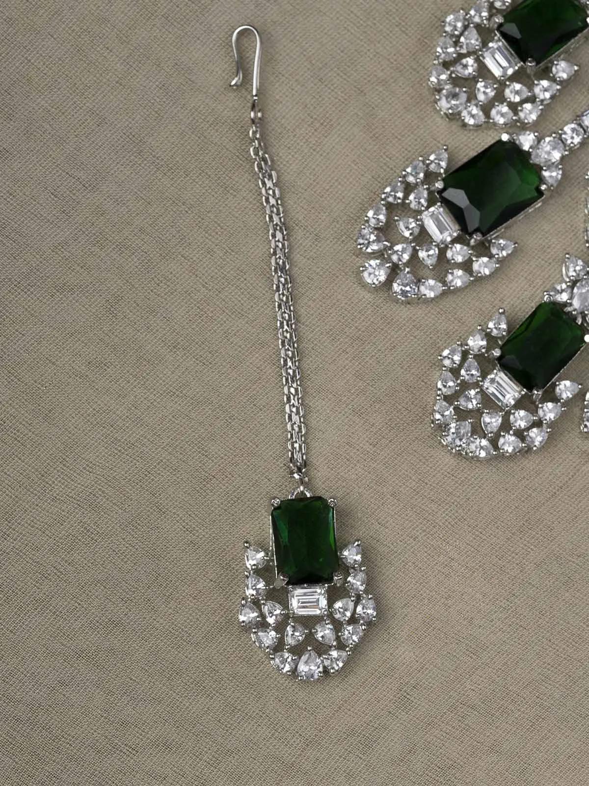 Green Color Silver Plated Faux Diamond Bridal Necklace Set - CZSET301GR