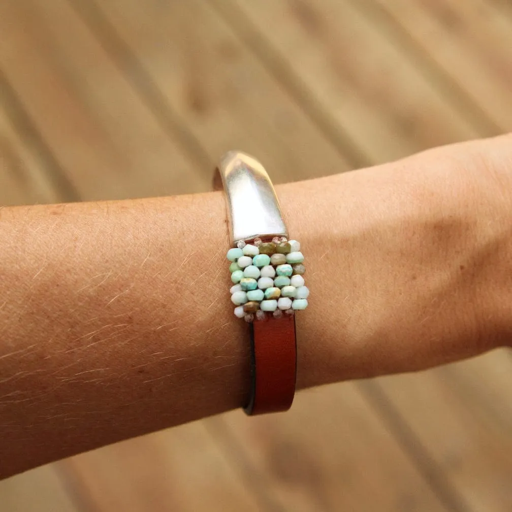 Hand Stitched Peruvian Opal Leather Cuff Bracelet