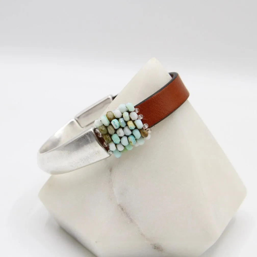 Hand Stitched Peruvian Opal Leather Cuff Bracelet