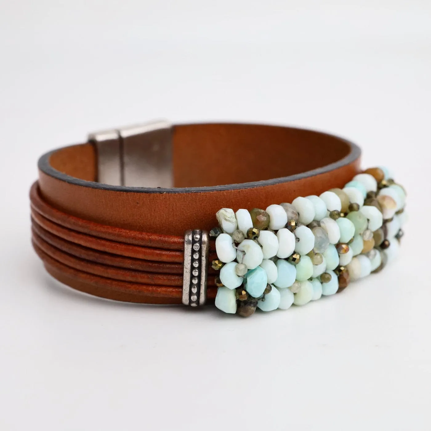 Hand Stitched Peruvian Opal on Leather Bracelet