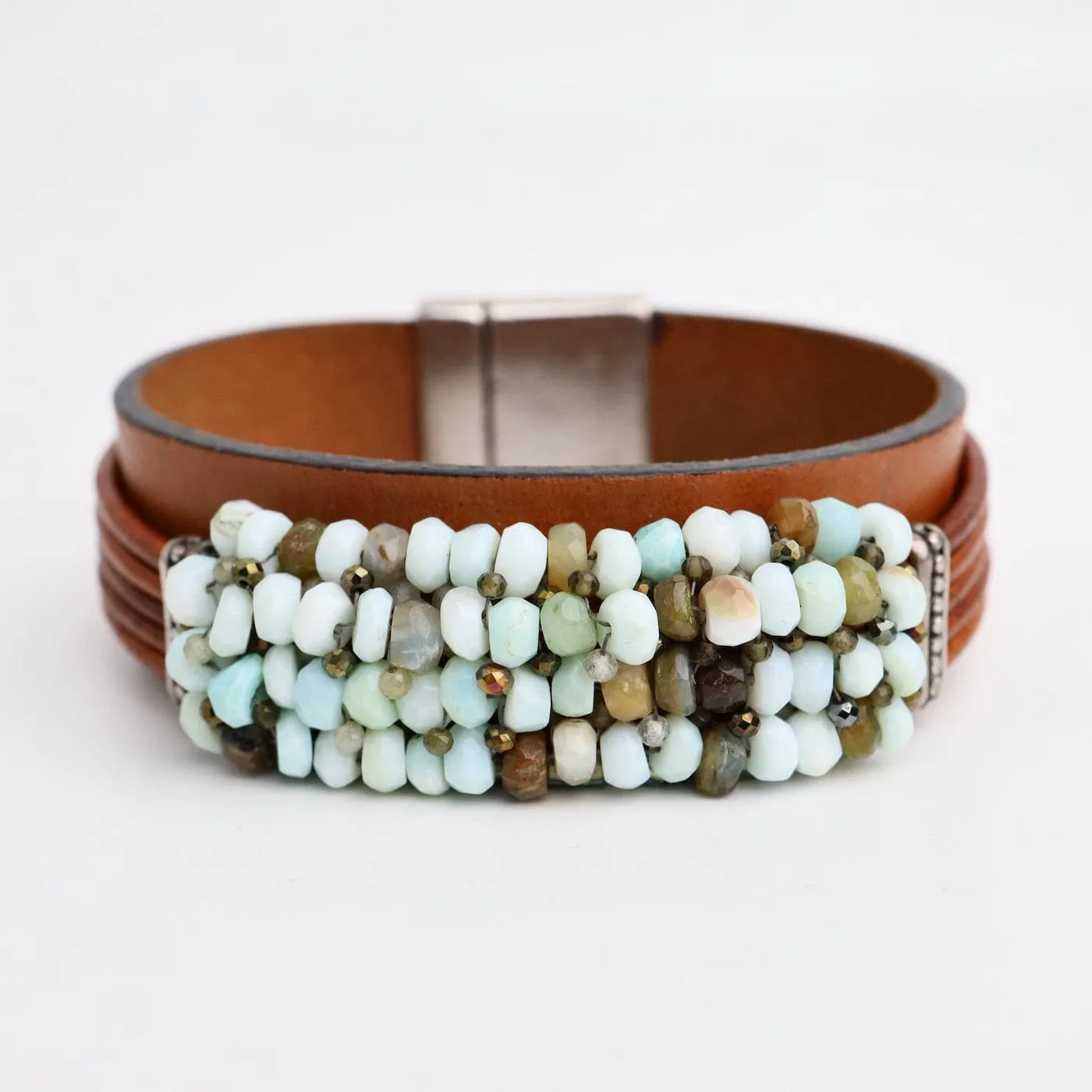 Hand Stitched Peruvian Opal on Leather Bracelet