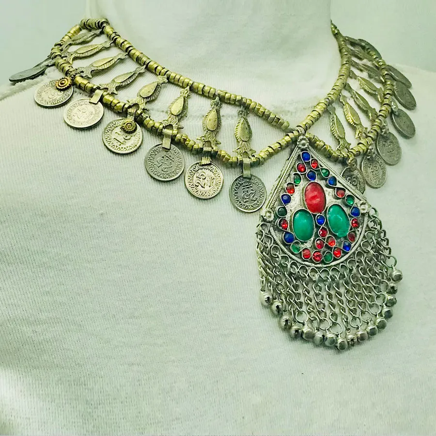 Handmade Vintage Coins Necklace With Stones