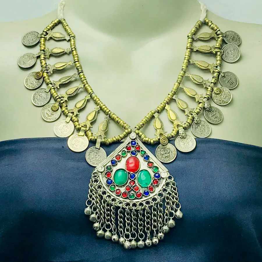 Handmade Vintage Coins Necklace With Stones