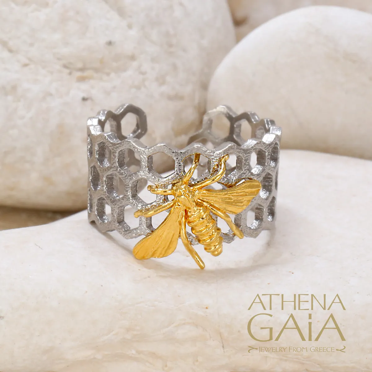 Honey Bee and Comb Open Band Ring