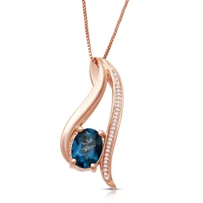 Jewelili 10K Rose Gold With Oval Blue Topaz, Emerald and Diamonds Swirl Pendant Necklace