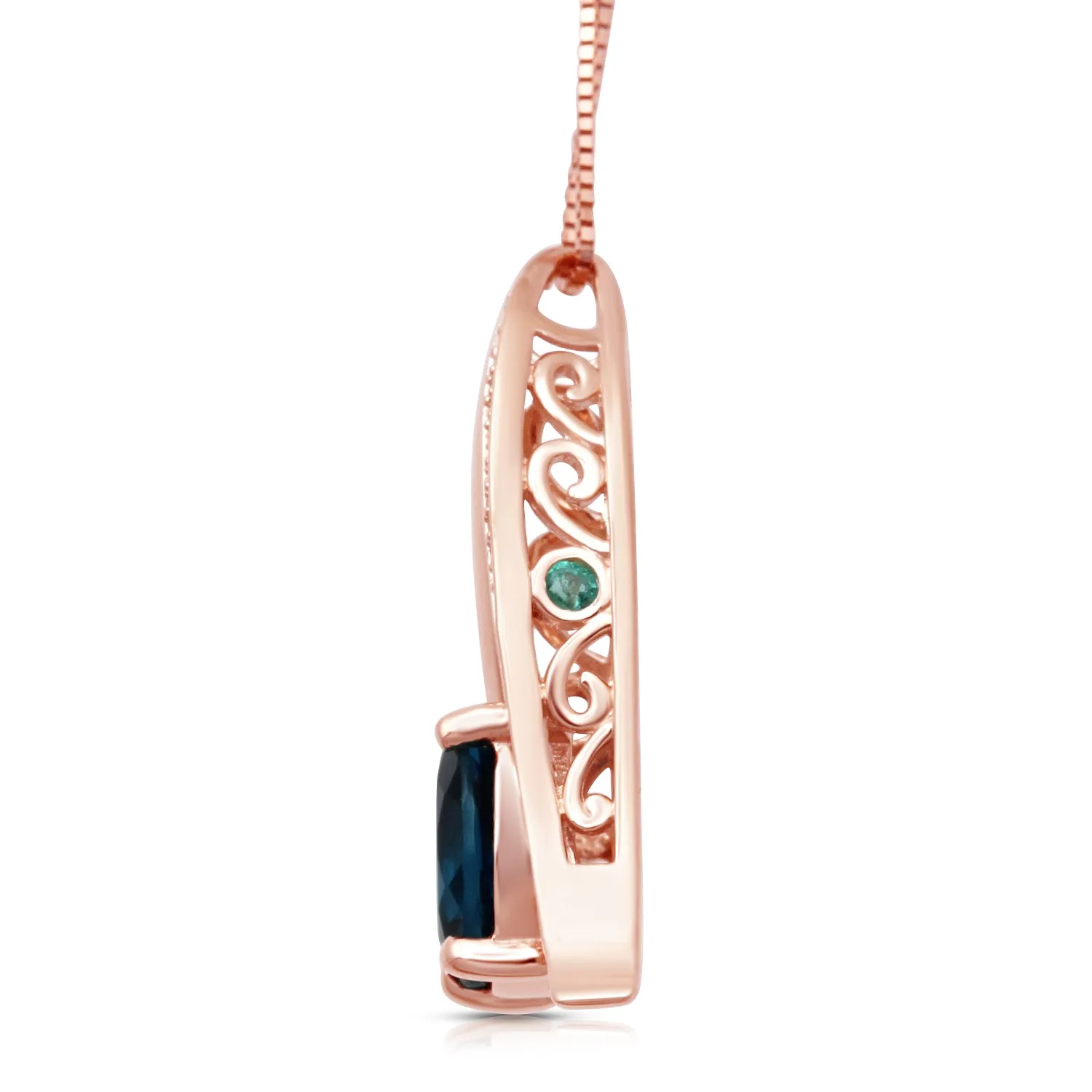 Jewelili 10K Rose Gold With Oval Blue Topaz, Emerald and Diamonds Swirl Pendant Necklace