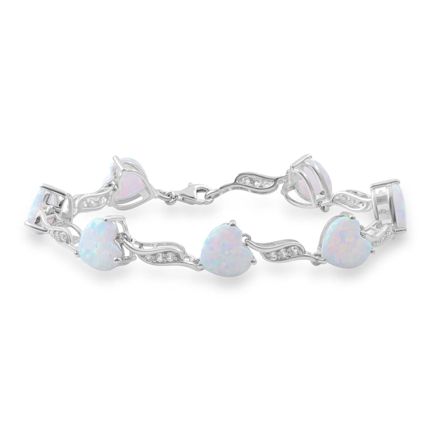 Jewelili Sterling Silver Heart Shaped Created Opal and Round Created White Sapphire Bracelet, 7.25"