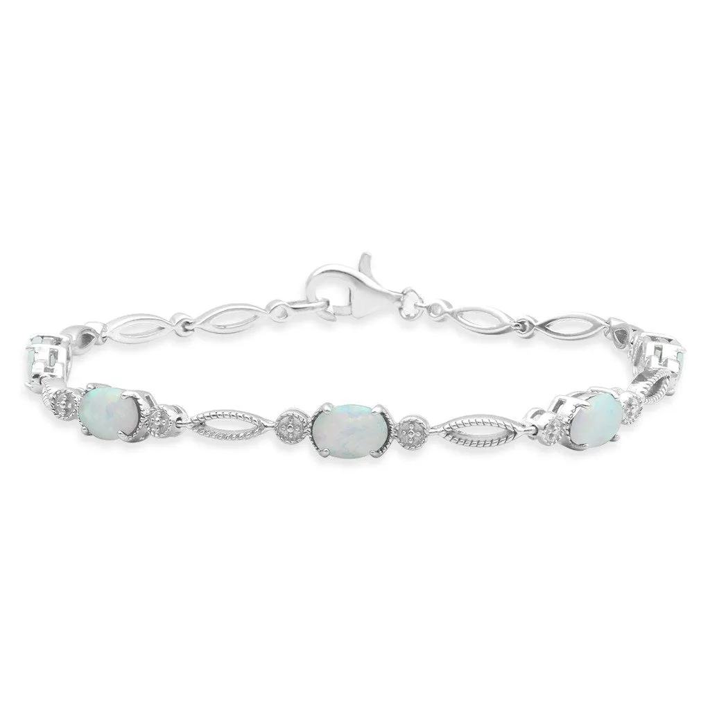 Jewelili Sterling Silver with Oval Shape Created Opal Fashion Bracelet, 7.5 Inch