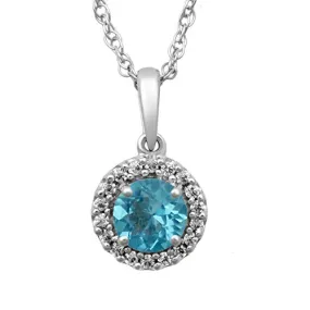 Jewelili Sterling Silver with Round Sky Blue Topaz and Cubic Zirconia Pendant Necklace