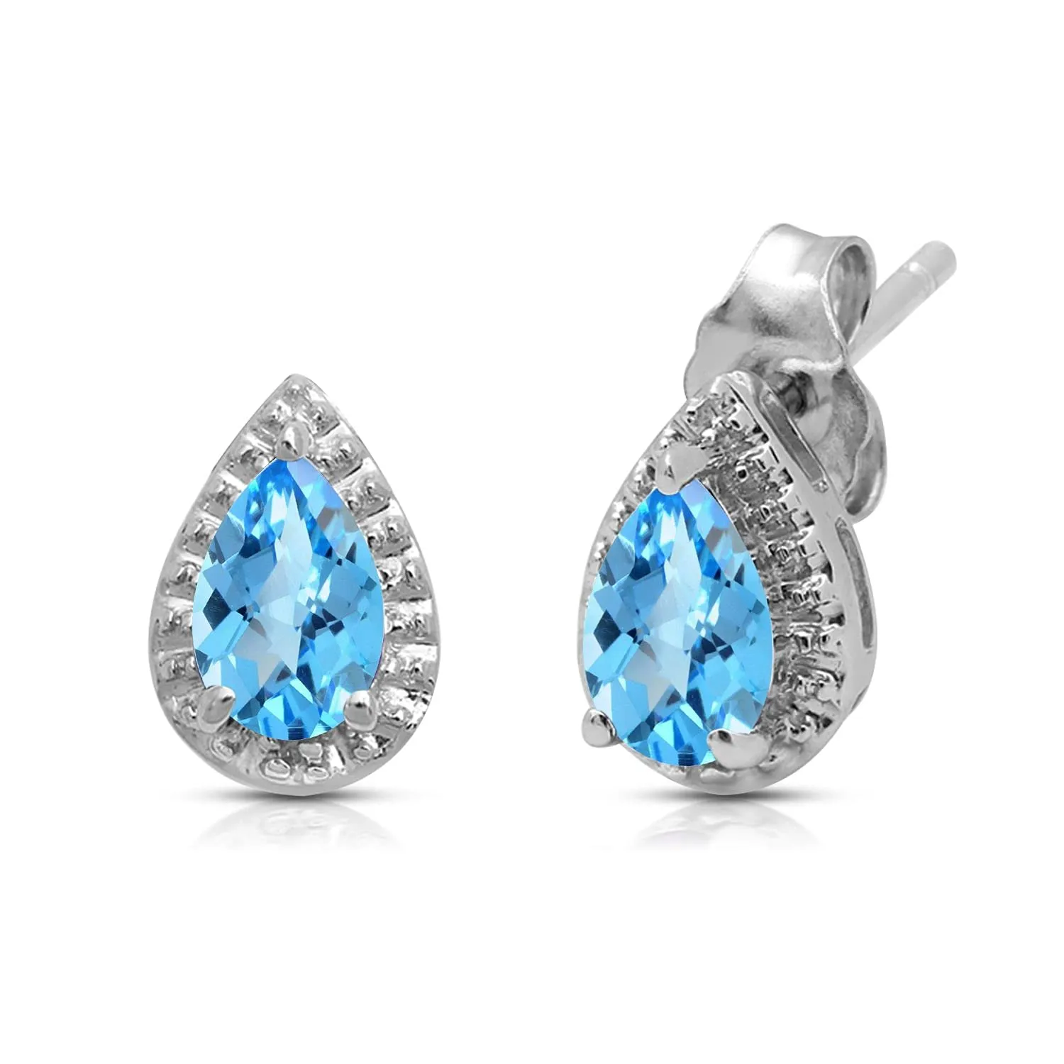 Jewelili Sterling Silver With Swiss Blue Topaz and White Diamonds Teardrop Jewelry Set