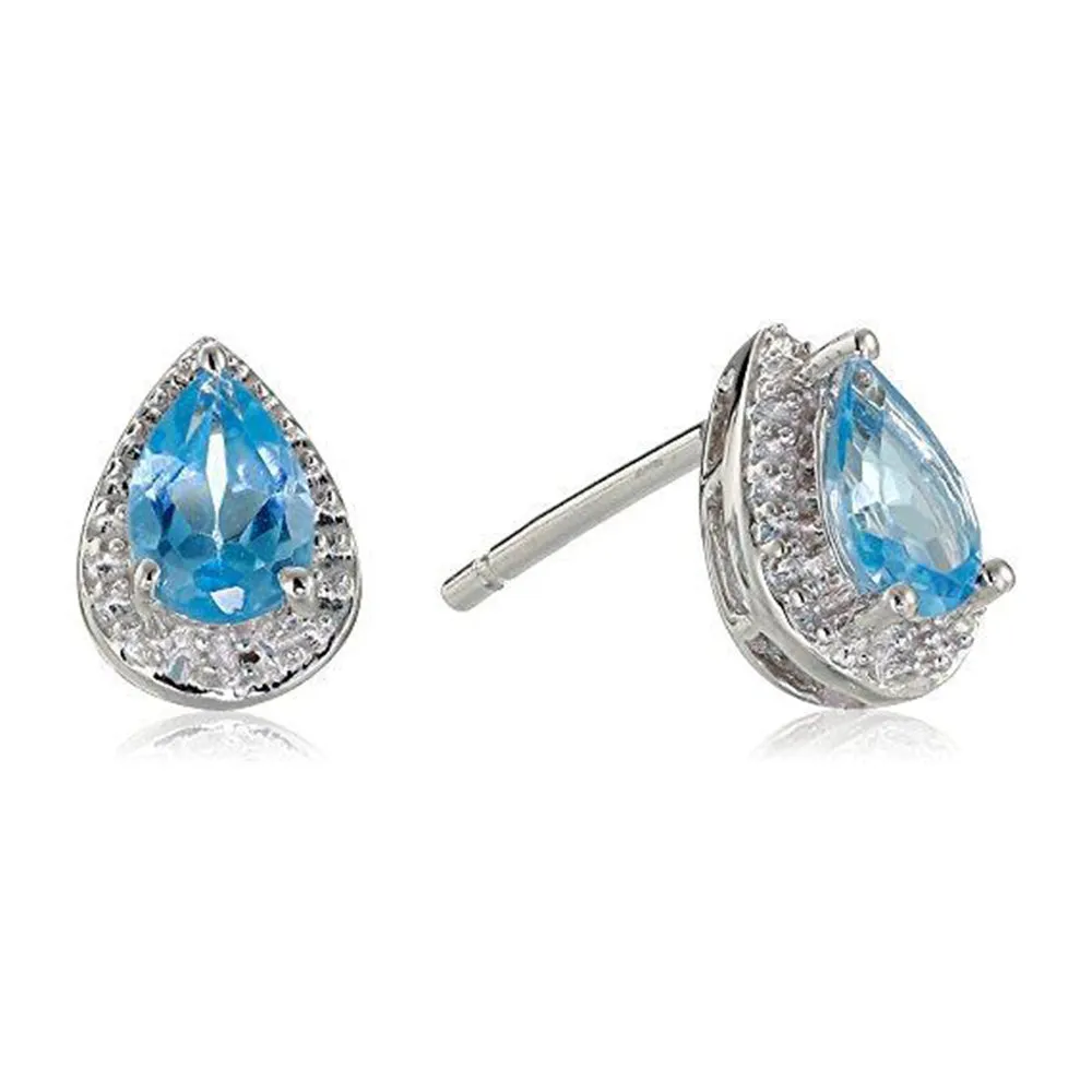 Jewelili Sterling Silver With Swiss Blue Topaz and White Diamonds Teardrop Jewelry Set