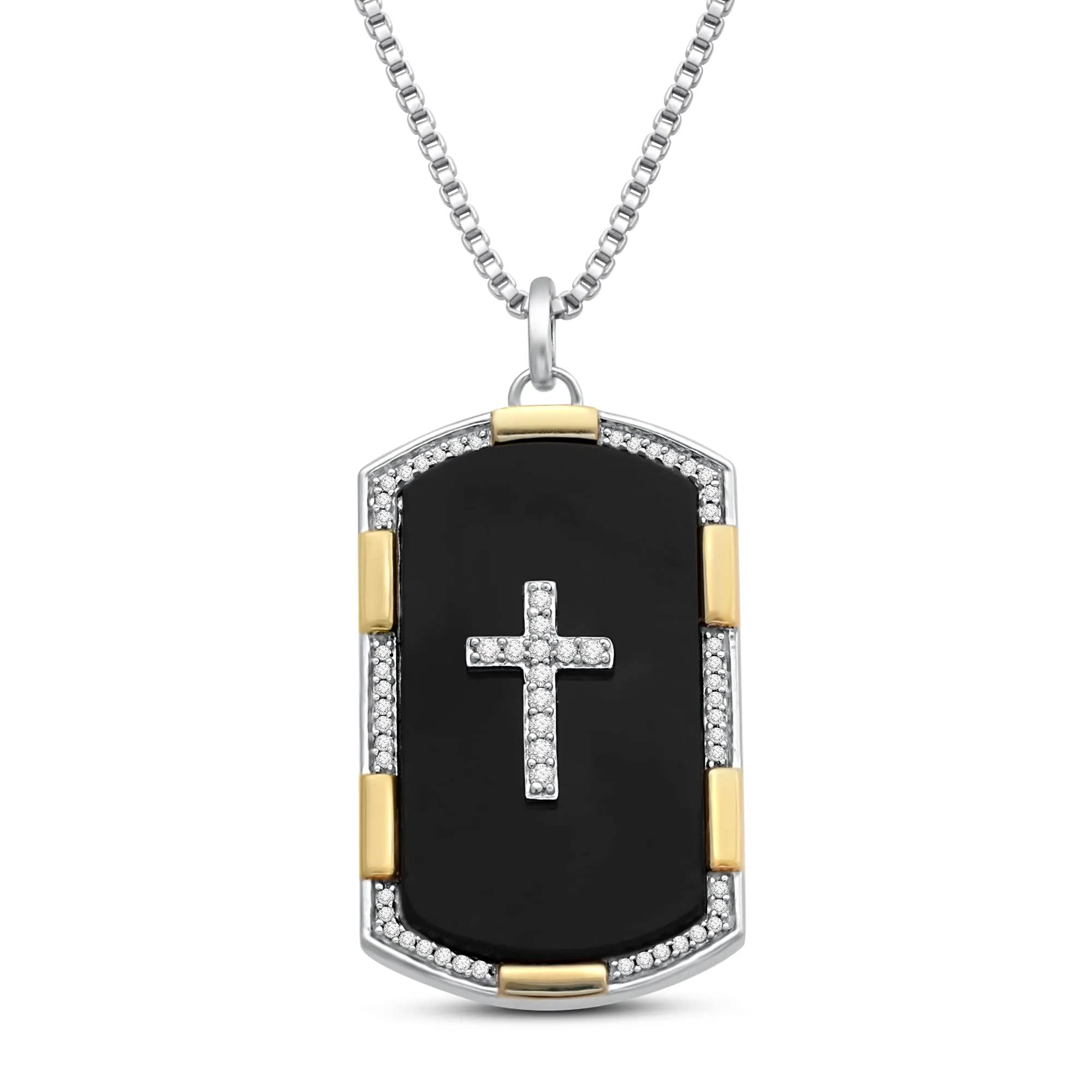 Jewelili Yellow Gold Over Sterling Silver With 27x15MM Special Cut Black Onyx and 1/5 CTTW Natural White Round Diamonds Men's Dog Tags Cross Pendant Necklace, 18" Box Chain