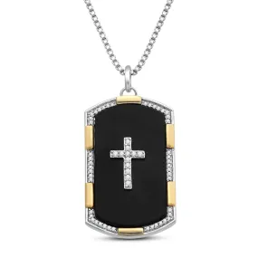 Jewelili Yellow Gold Over Sterling Silver With 27x15MM Special Cut Black Onyx and 1/5 CTTW Natural White Round Diamonds Men's Dog Tags Cross Pendant Necklace, 18" Box Chain