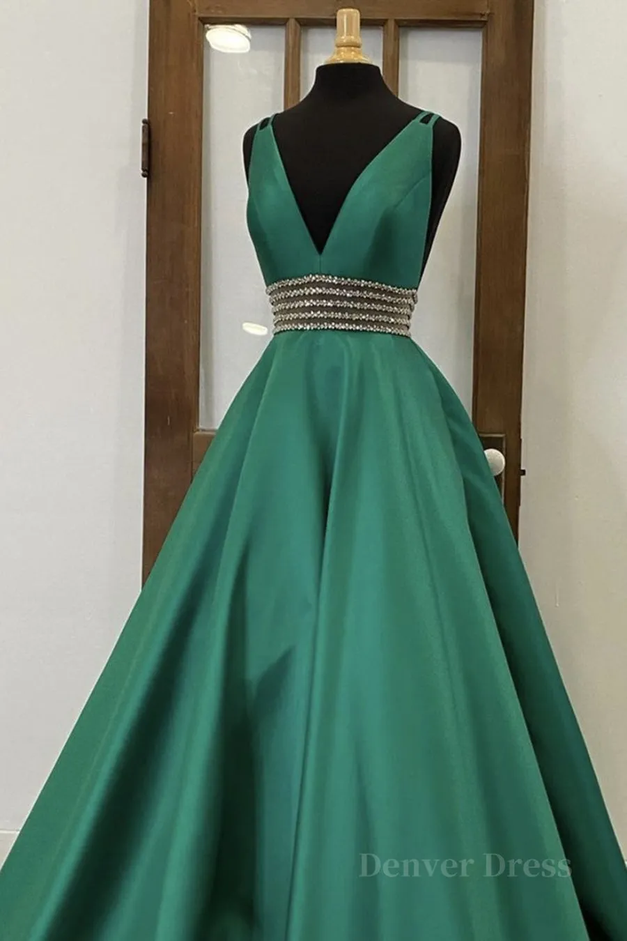 kamahe V Neck Emerald Green Satin Long Prom Dress, Emerald Green Formal Graduation Evening Dress