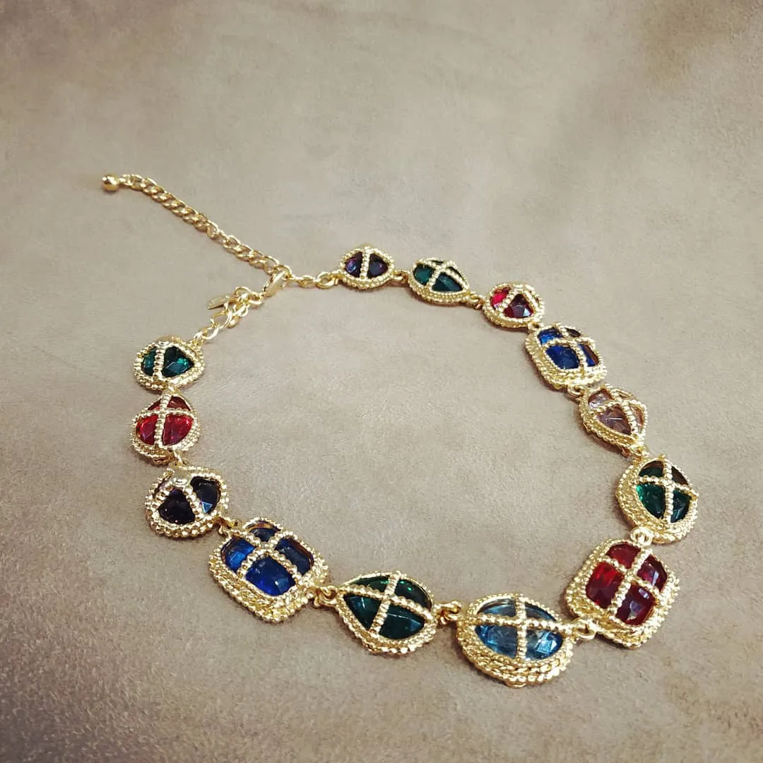 Kenneth Jay Lane Multi colour Glass Cabochon Gold Chain Necklace