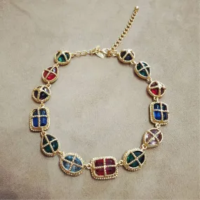 Kenneth Jay Lane Multi colour Glass Cabochon Gold Chain Necklace