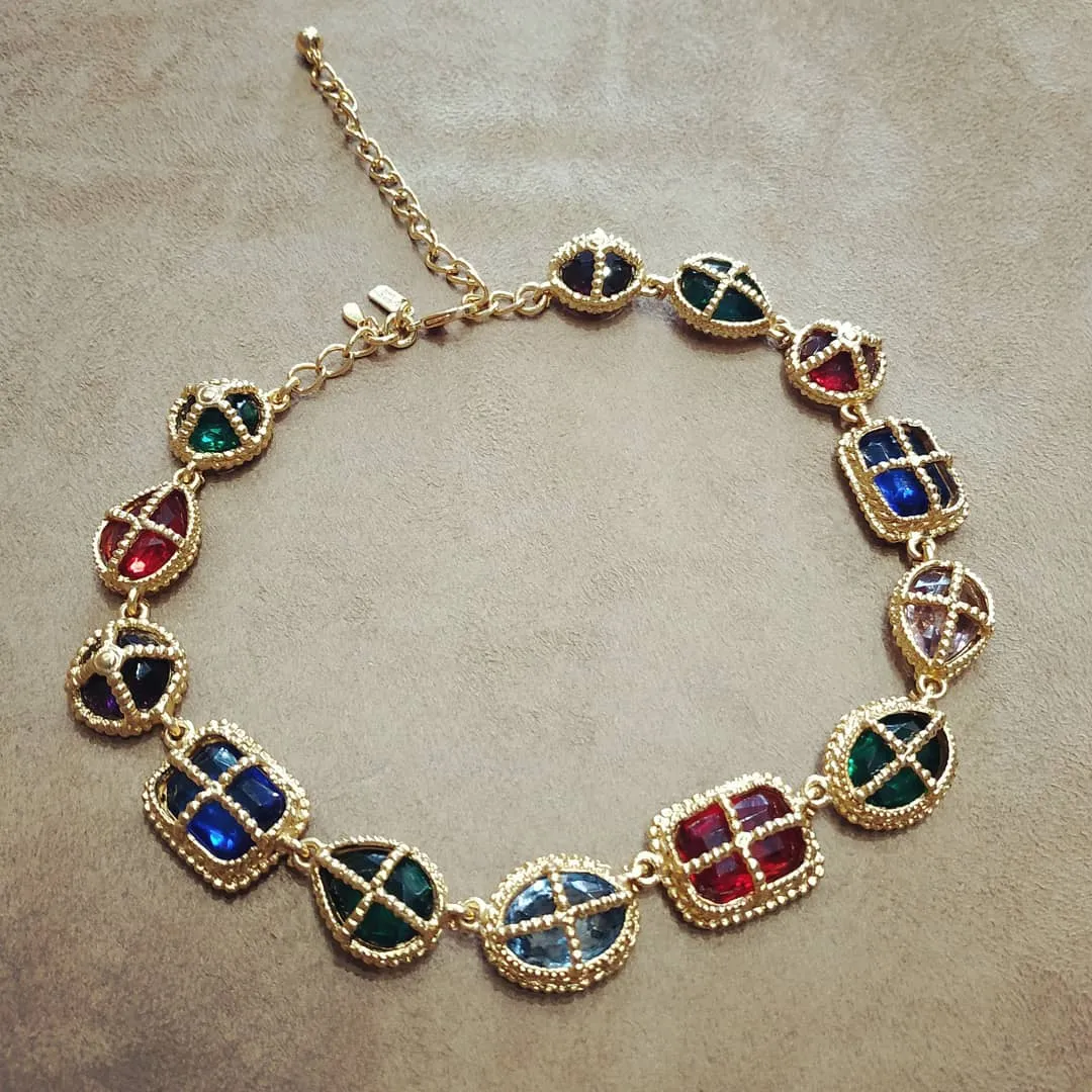 Kenneth Jay Lane Multi colour Glass Cabochon Gold Chain Necklace