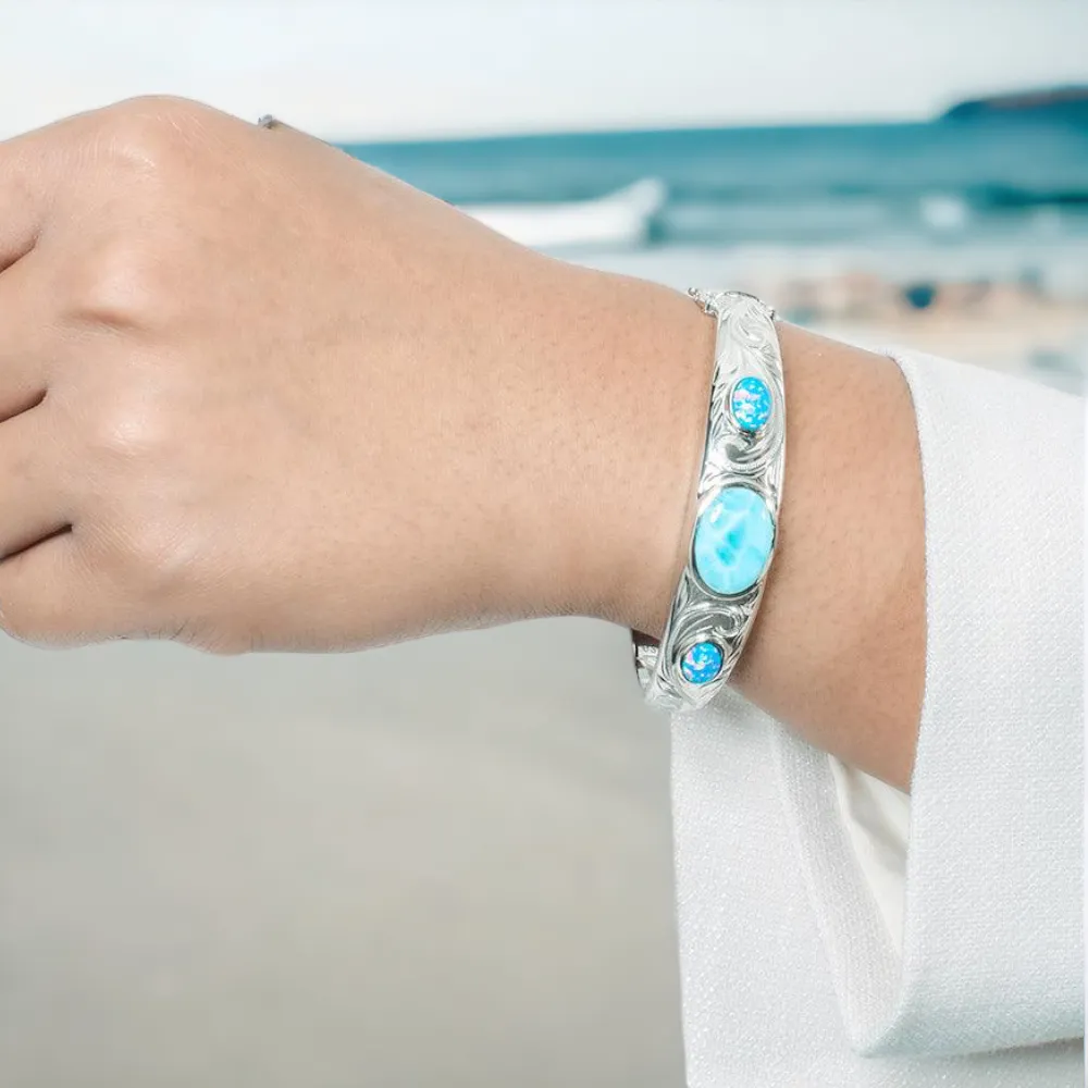 Larimar & Opal Engraved Scroll Bangle Bracelet by Alamea