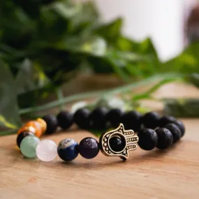 Lava Stone Hamsa 7 Chakra Elastic Bracelet | Energy, Protection & Grounding