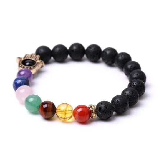 Lava Stone Hamsa 7 Chakra Elastic Bracelet | Energy, Protection & Grounding