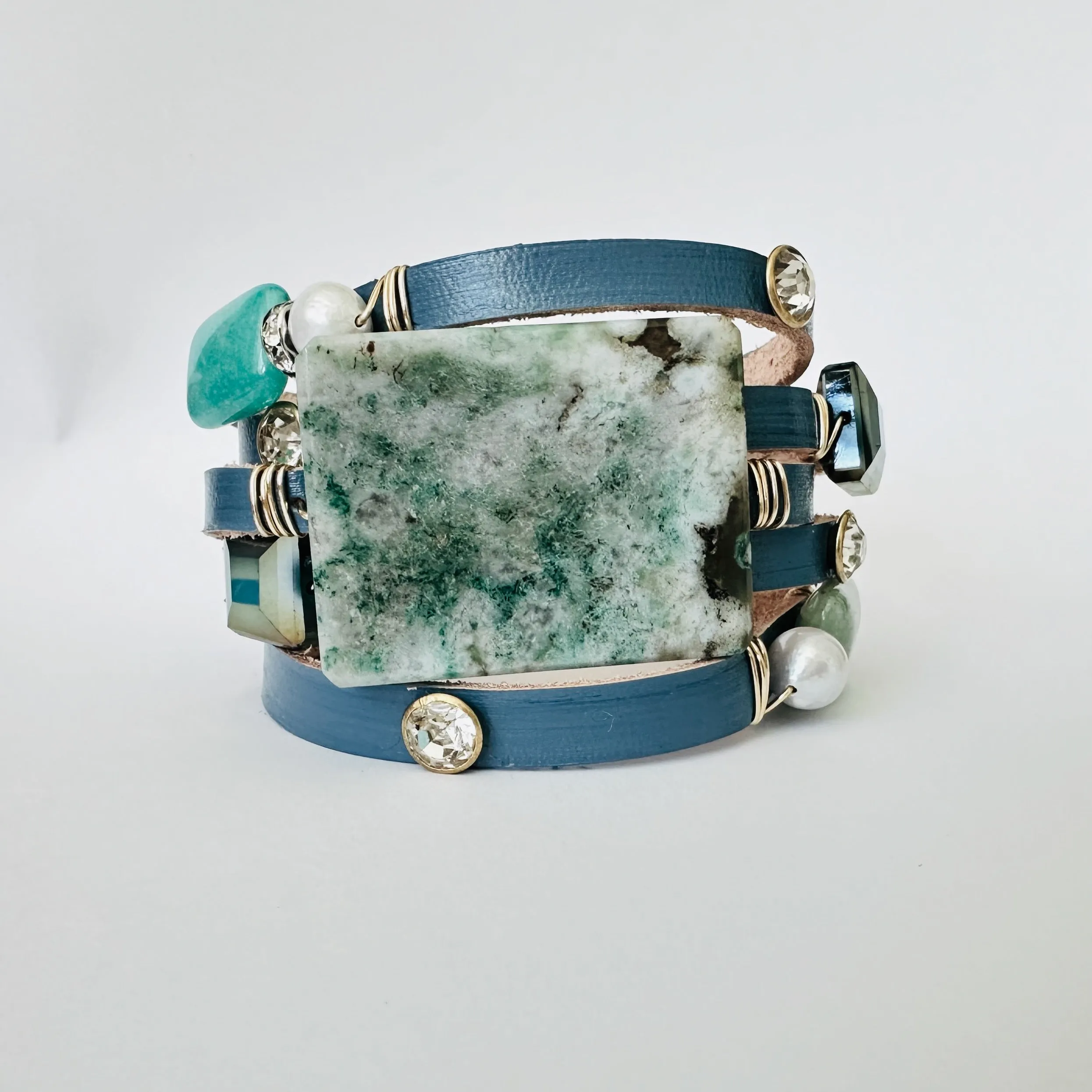 Leather Cuff Bracelet With Blue Stone