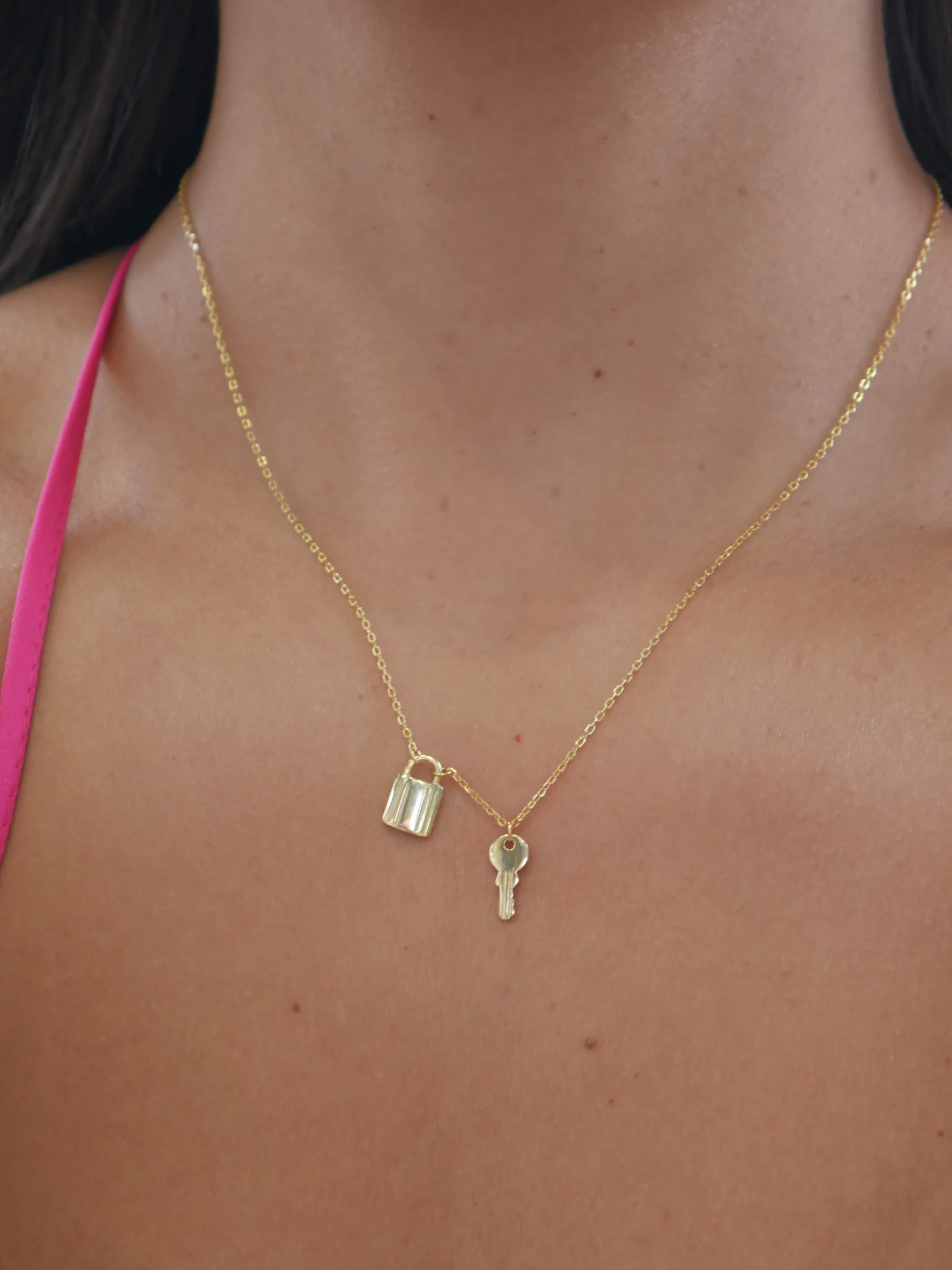 Lock Key Charm Necklace, 18k Gold Plated, .925 Sterling Silver Everyday Dainty Necklace