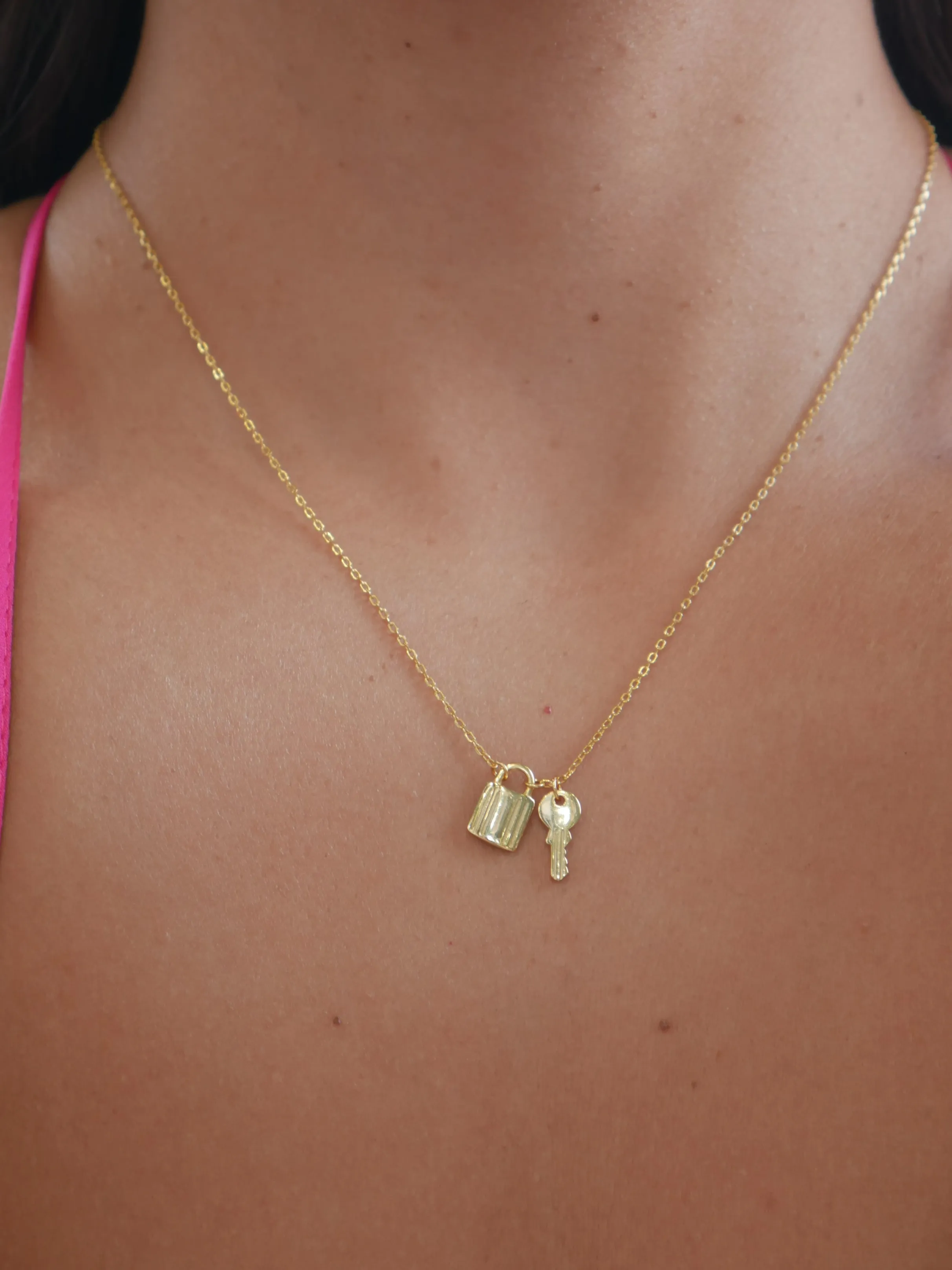 Lock Key Charm Necklace, 18k Gold Plated, .925 Sterling Silver Everyday Dainty Necklace