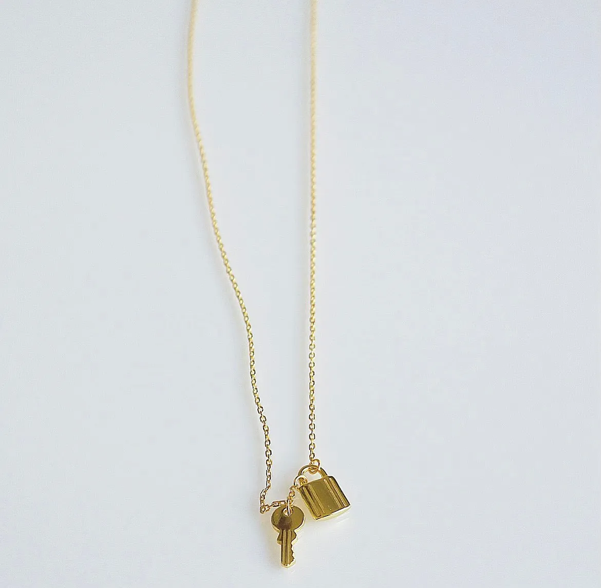 Lock Key Charm Necklace, 18k Gold Plated, .925 Sterling Silver Everyday Dainty Necklace