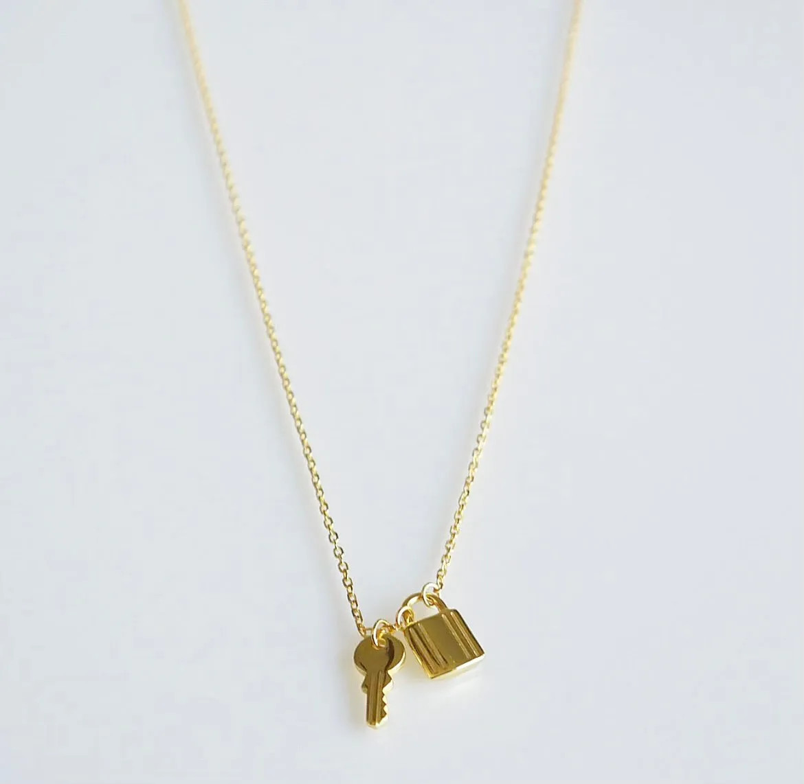 Lock Key Charm Necklace, 18k Gold Plated, .925 Sterling Silver Everyday Dainty Necklace