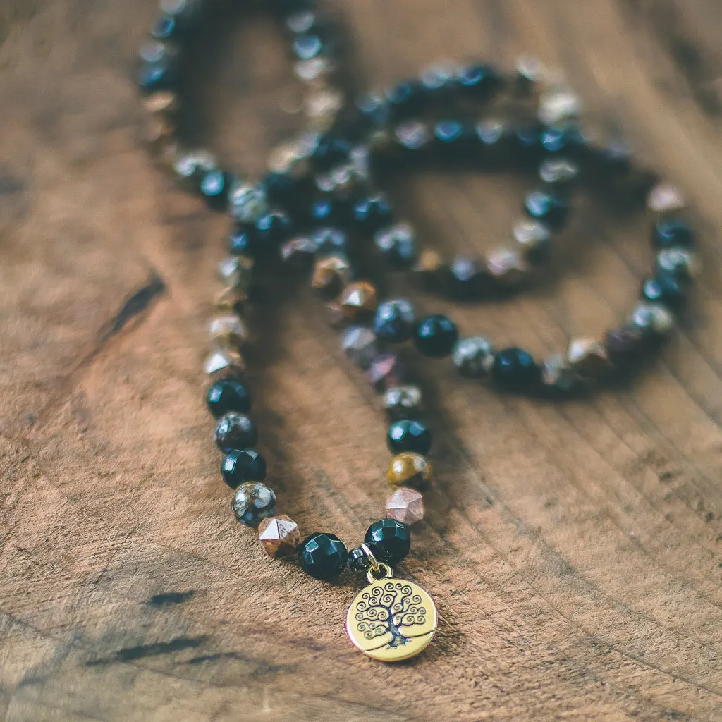 Long Necklace and 4 Wrap Bracelet Combo- Fire Lace Opal, Black Onyx, African Opal, Gold Tree of Life Charm