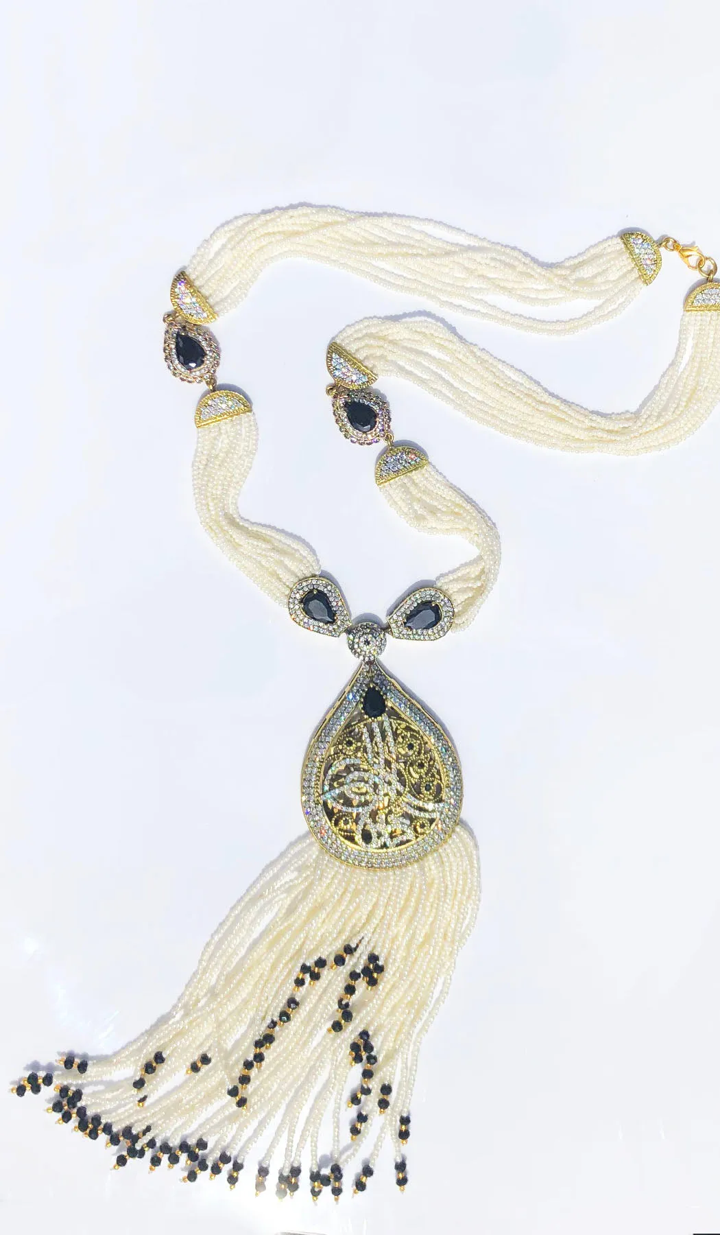 Long Turkish Tughra Tassel Necklace - White & Black