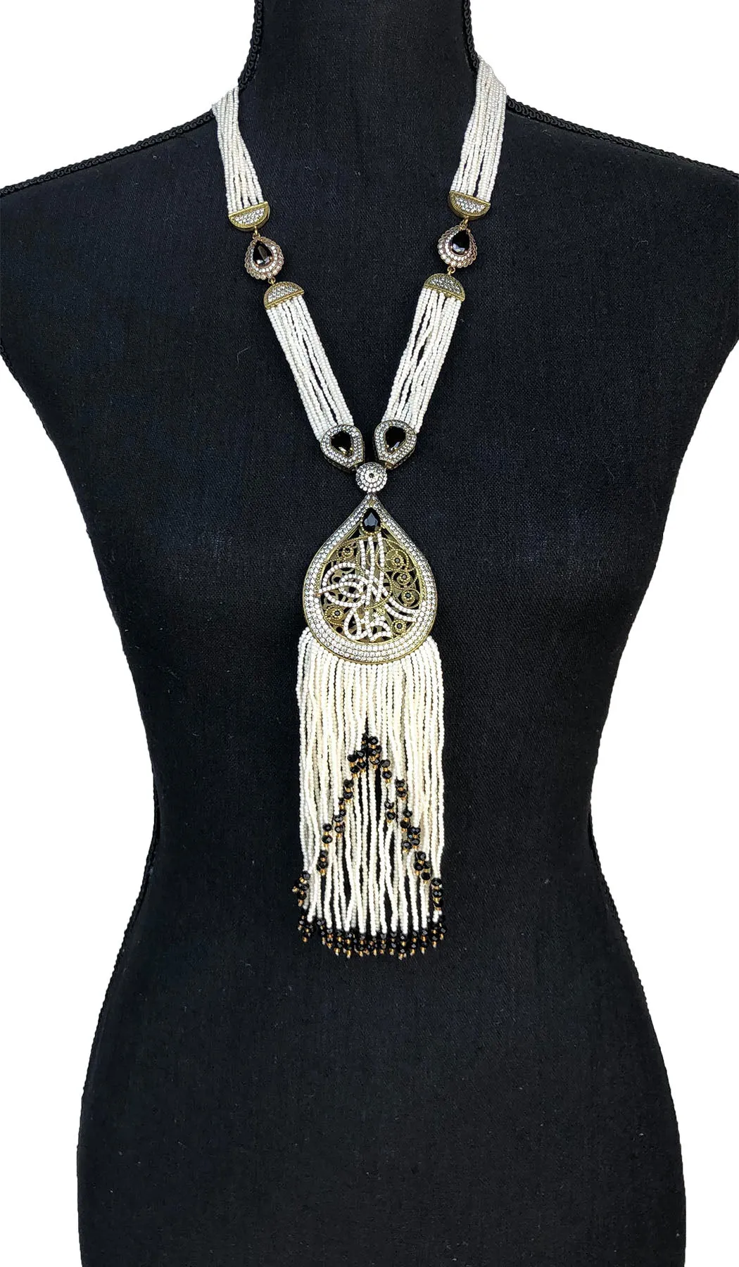 Long Turkish Tughra Tassel Necklace - White & Black