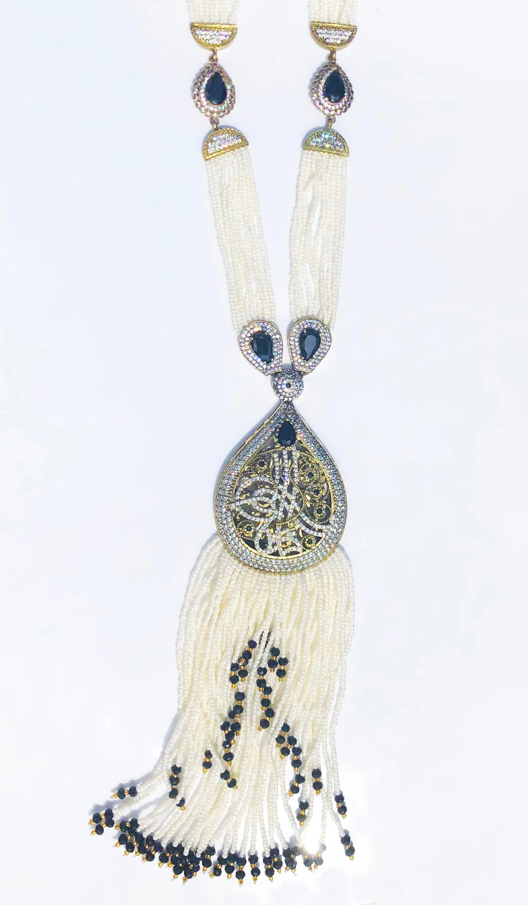 Long Turkish Tughra Tassel Necklace - White & Black