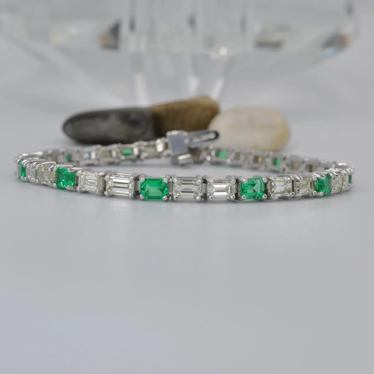 Luxurious 7.50CT Emerald Cut Diamond and Green Emerald Tennis Bracelet in 14KT White Gold