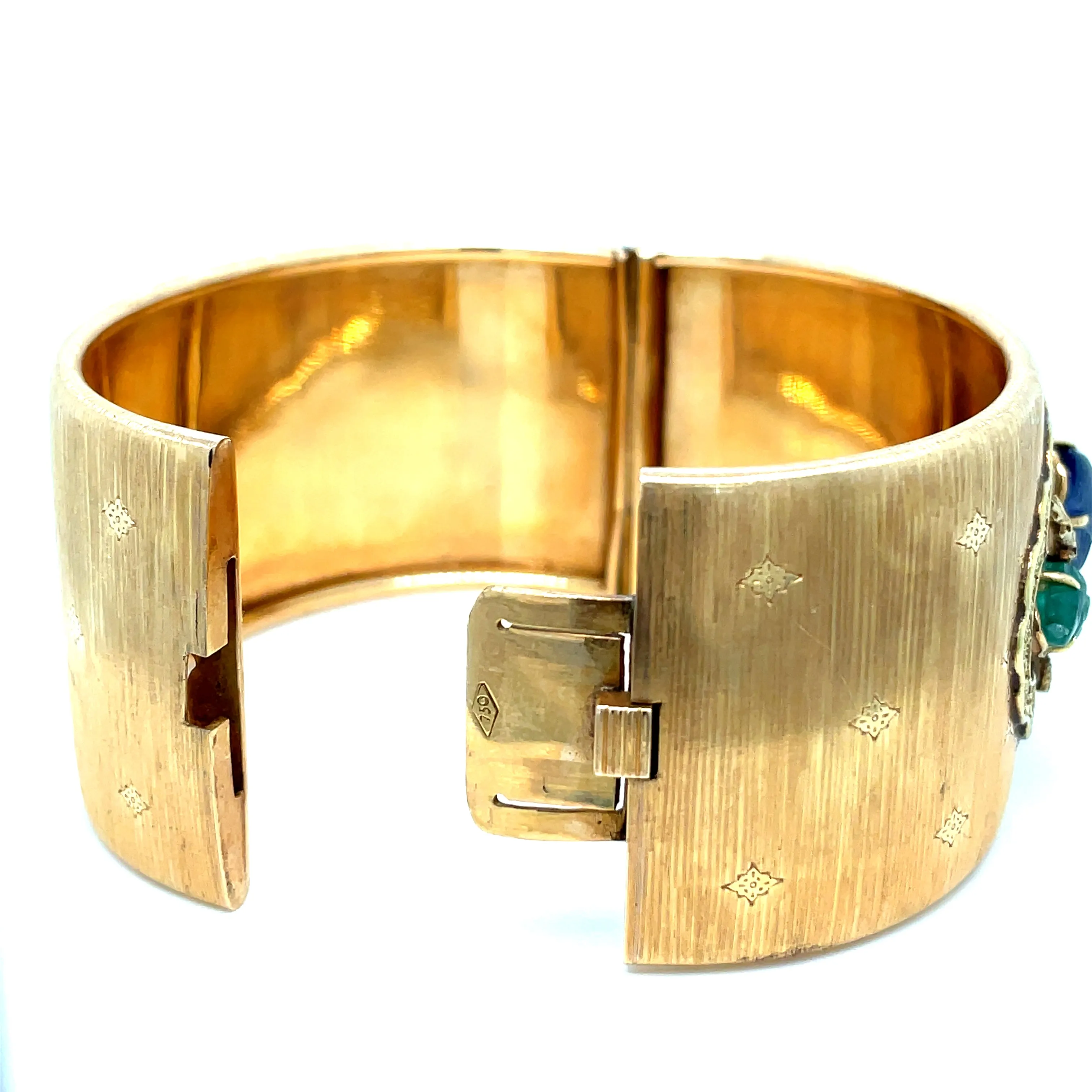 Mario Buccellati Tutti Frutti Sapphire Emerald 1960 Gold Cuff Bracelet