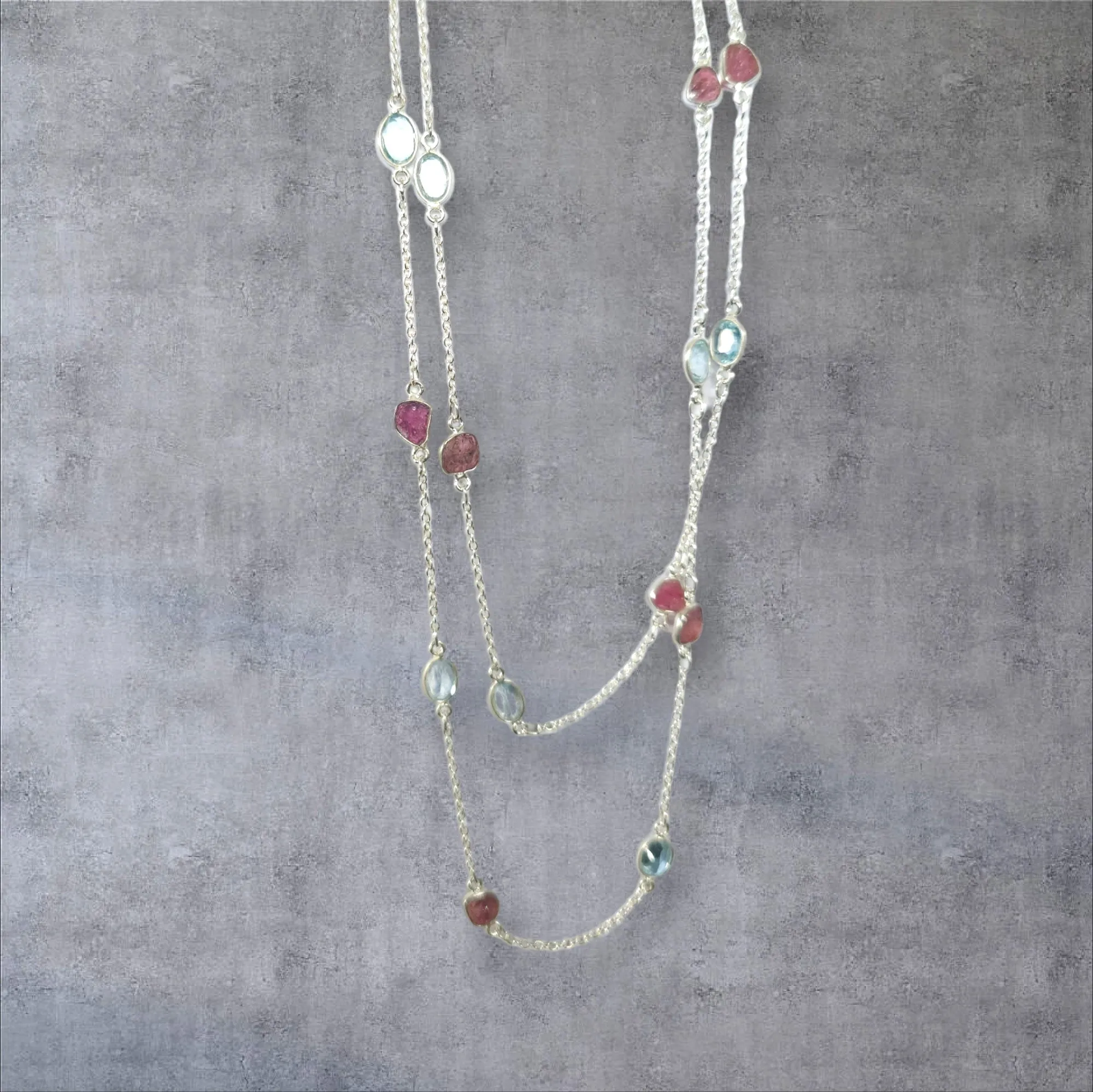 MCJewels - Longstation Necklace _ Pink Tourmaline and Blue Topaz