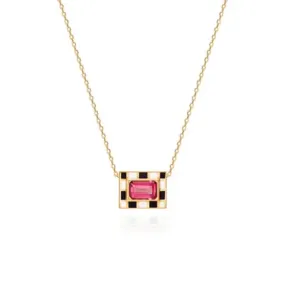 MCLuxe - Gold Plated Black White Checkered Enamel Necklace - Pink