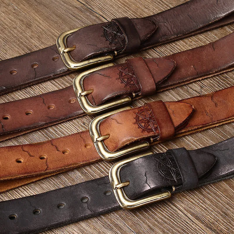 Men's Distressed Embossed Rudder Pattern Leather Belt