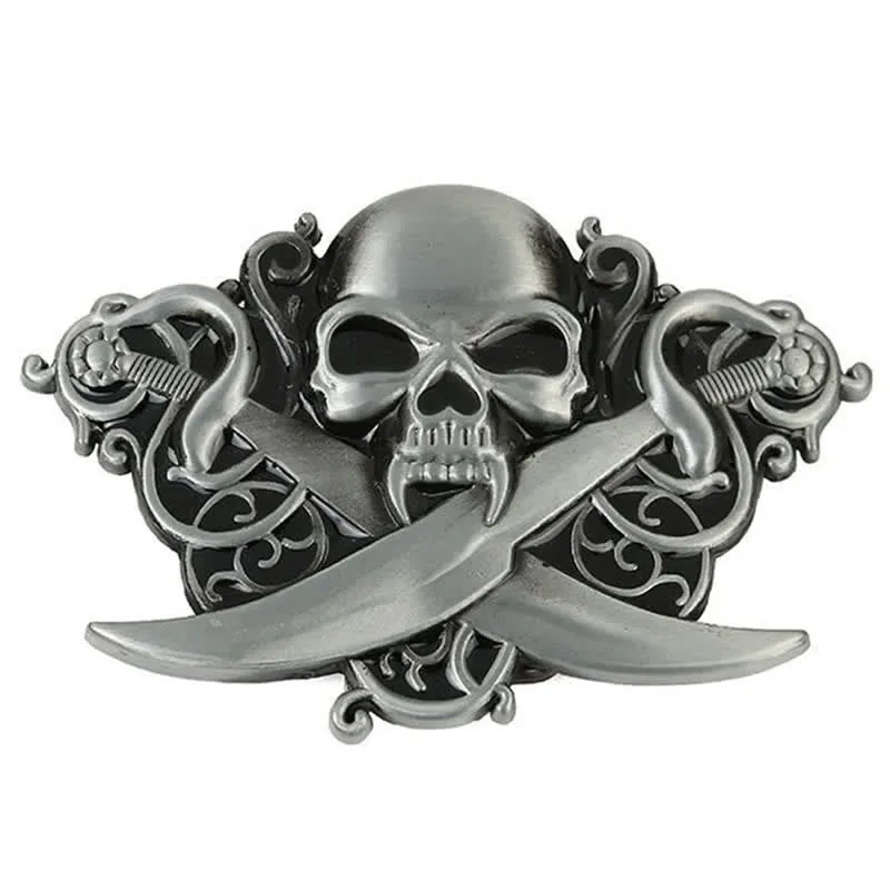 Men's DIY Double Swords Skull Ghost Buckle Leather Belt